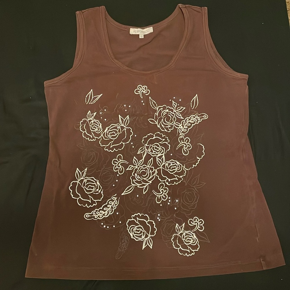 4/$20 | Aerosport&Co Brown Wide strap Tank Top with rose design and crystals